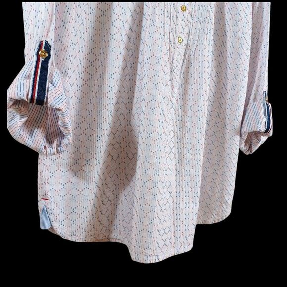 Tommy Hilfiger Pintuck 1/4 Button Roll Tab White Red Blue Tunic Top Size XL EUC - Picture 5 of 10